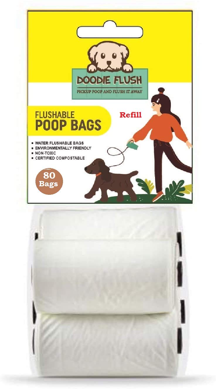 Doodie Flush Dog Poop Bag - Refill – 80 Biodegradable Dog Waste Bags on Rolls - Dissolves in Water Refill Pack – 100% Eco Friendly Flushable Ultra Thick Compostable Doggie Bags
