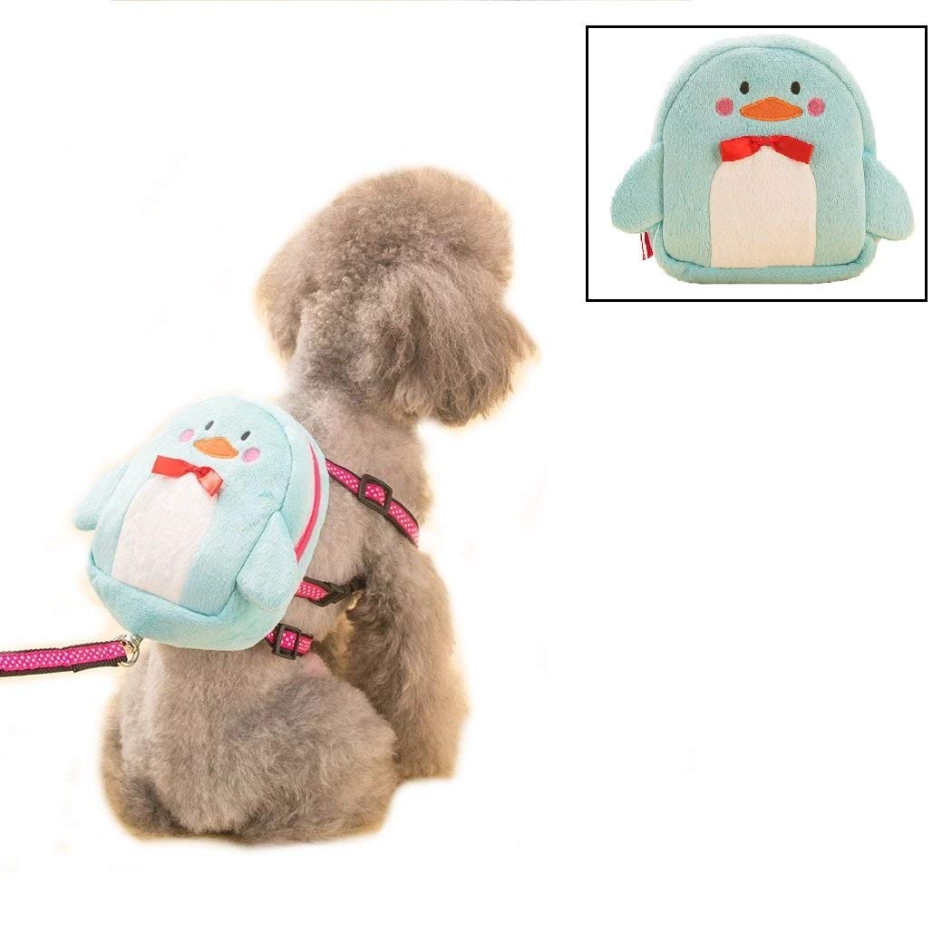 Stock Show Pet Dog Cartoon Backpack Harness with Leash Puppy Dog Cute Animal Back Pack Saddle Bags with Lead Leash for Dog Outdoor Training Walking Blue